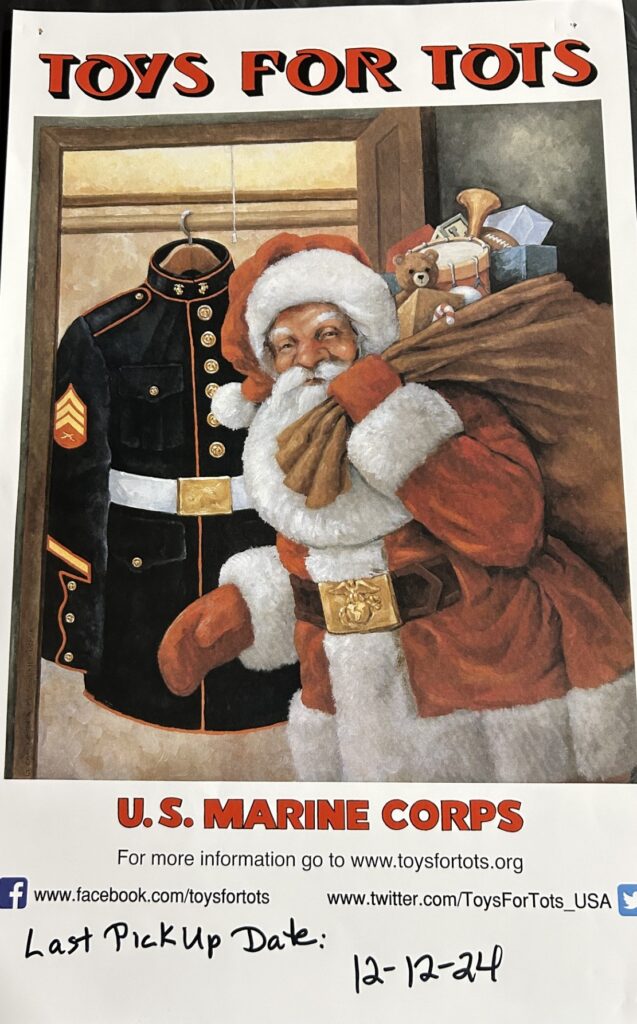 Toys for Tots 2024 Drive.  Drop off unwrapped toys at Post 950.  Last pick up date is 12-12-2024. Thank You!